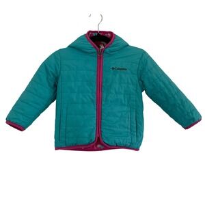 Columbia Reversible Puffer Jacket Teal Pink Dinosaur Fleece Hooded 18-24 Months